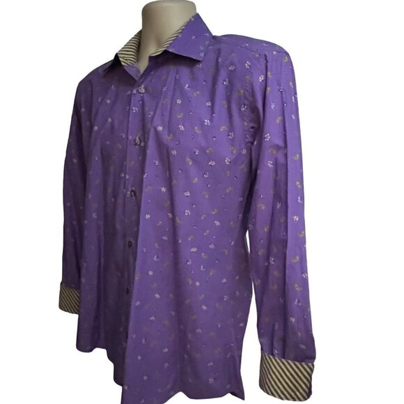 Jared Lang Mens Purple Paisley Button Up Shirt Medium Flip Contrast Collar Cuffs - Picture 2 of 9
